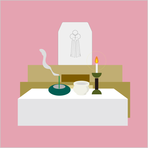 メモサのお葬式が松戸市の式場で一日家族葬の祭壇と線香・ローソクを用意している